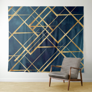 Modern Gold Geometric Blue Design Wandteppich