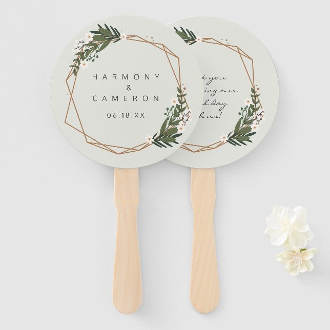 Modern Gold Geometric Greenery Boho Wedding Fächer (Vorne und Hinten)