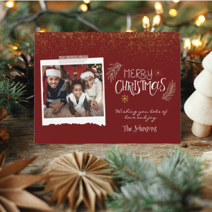 Modern Gold Glitter Burgundy Merry Christmas Photo Feiertagskarte