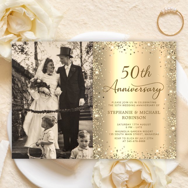 Modern Gold Glitter Photo 50th Wedding Anniversary Einladung (Von Creator hochgeladen)