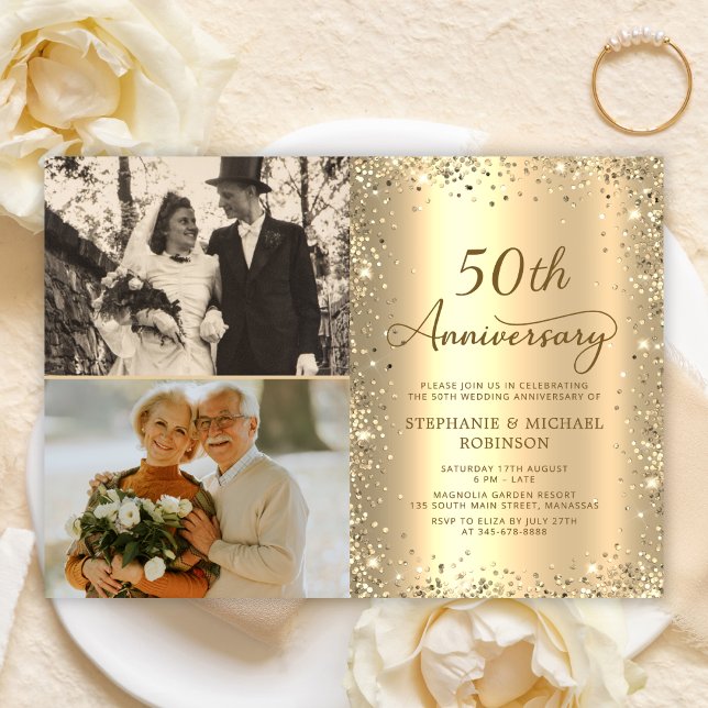 Modern Gold Glitter Photo 50th Wedding Anniversary Einladung (Von Creator hochgeladen)