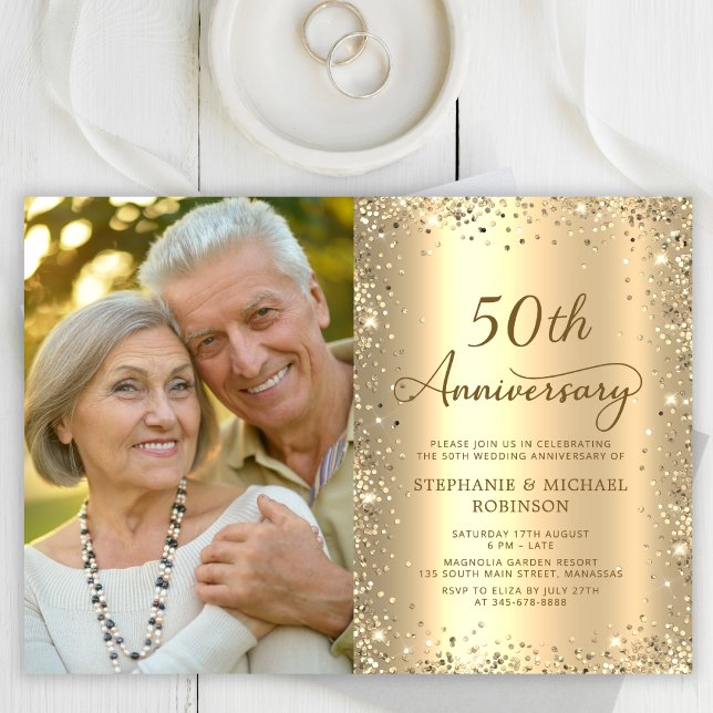 Modern Gold Glitter Photo 50th Wedding Anniversary Einladung (Von Creator hochgeladen)