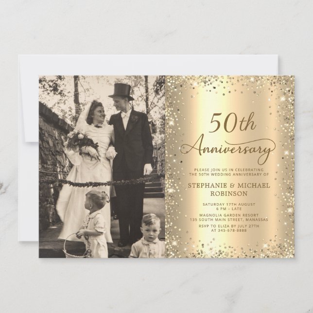 Modern Gold Glitter Photo 50th Wedding Anniversary Einladung (Vorderseite)