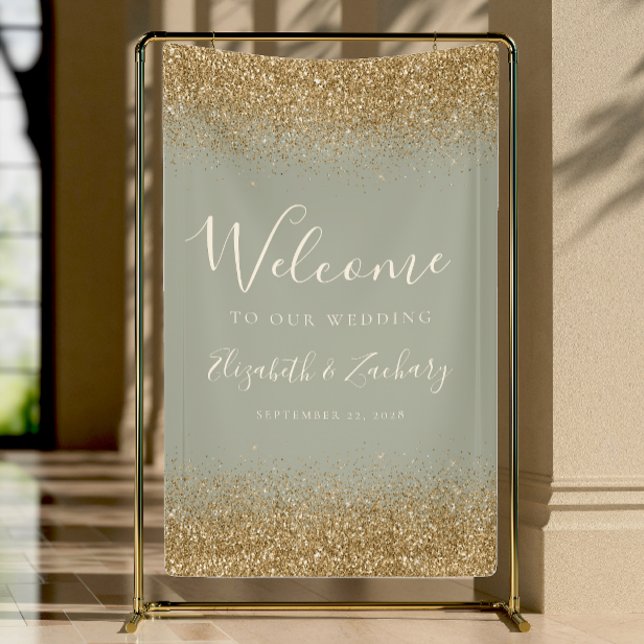 Modern Gold Glitter Sage Green Wedding Welcome Banner (Von Creator hochgeladen)