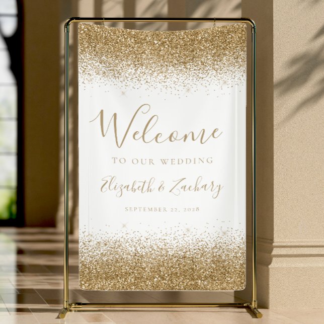 Modern Gold Glitter White Wedding Welcome Banner (Von Creator hochgeladen)