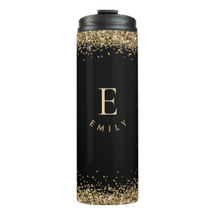 Modern Gold Glitzer Monogram Initial Name Black Thermosbecher