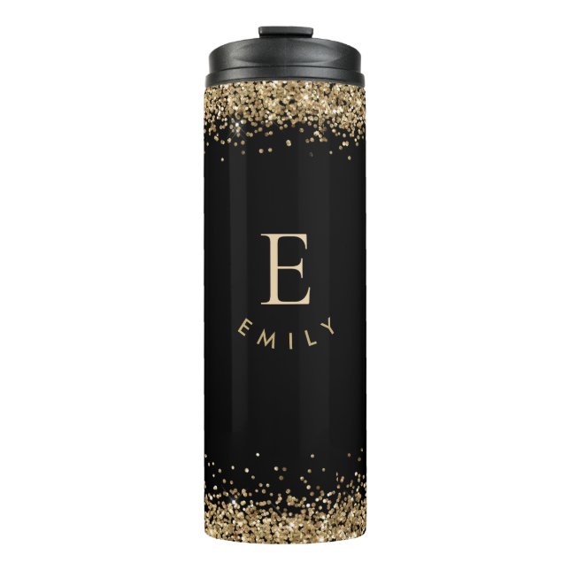 Modern Gold Glitzer Monogram Initial Name Black Thermosbecher (Vorderseite)