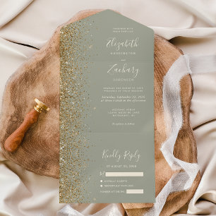 Modern Gold Glitzer Sage Green Wedding All In One Einladung
