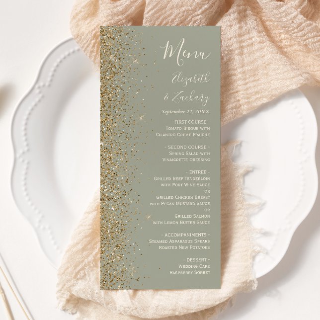 Modern Gold Glitzer Sage Green Wedding Menükarte (Von Creator hochgeladen)