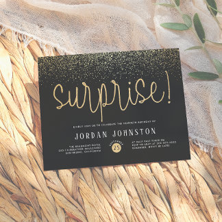 Modern Gold Glitzern Surprise Birthday Party Einladungspostkarte