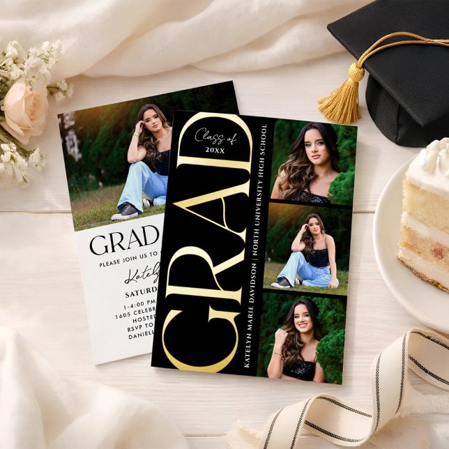 Modern Gold Grad Multi Photo Graduation Party Folieneinladung (Von Creator hochgeladen)
