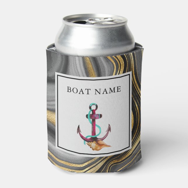 Modern Gold & Grau Agate Geode & Anchor Boat Name Dosenkühler (Kanne Vorderseite)