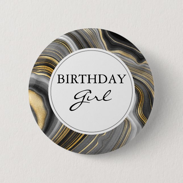 Modern Gold & Gray Agate Geode Birthday Girl Button (Vorderseite)