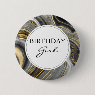 Modern Gold & Gray Agate Geode Birthday Girl Button