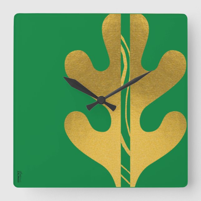 Modern Gold Green Abstrakt Leaf Muster Quadratische Wanduhr (Vorderseite)