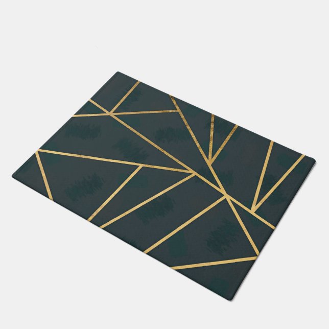 Modern Gold Green Brushstroke Geometric Fußmatte (Schrägansicht)