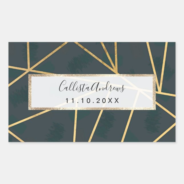 Modern Gold Green Brushstroke Geometric Rechteckiger Aufkleber (Vorderseite)
