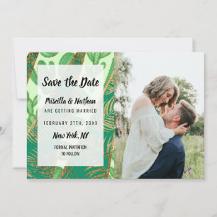 Modern Gold Green Cactus Palm Leaf Geometric Save The Date