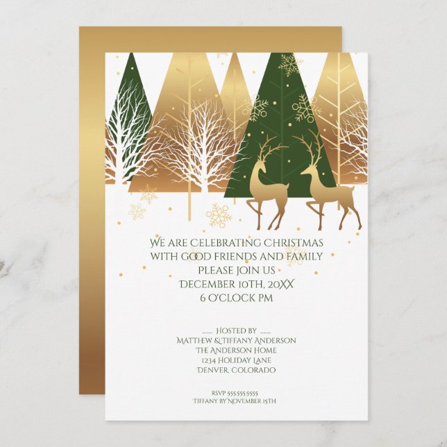 Modern Gold Green Woodland Hirsch Einladung (Vorne/Hinten)