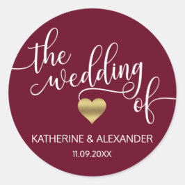 Modern Gold Heart Burgund The WEDDING of Siegel Runder Aufkleber