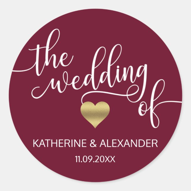 Modern Gold Heart Burgund The WEDDING of Siegel Runder Aufkleber (Vorderseite)