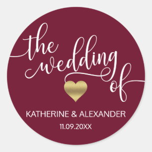 Modern Gold Heart Burgund The WEDDING of Siegel Runder Aufkleber