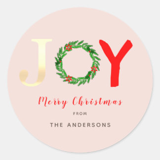 Modern Gold Joy Festive Holly Wreath Pink Runder Aufkleber