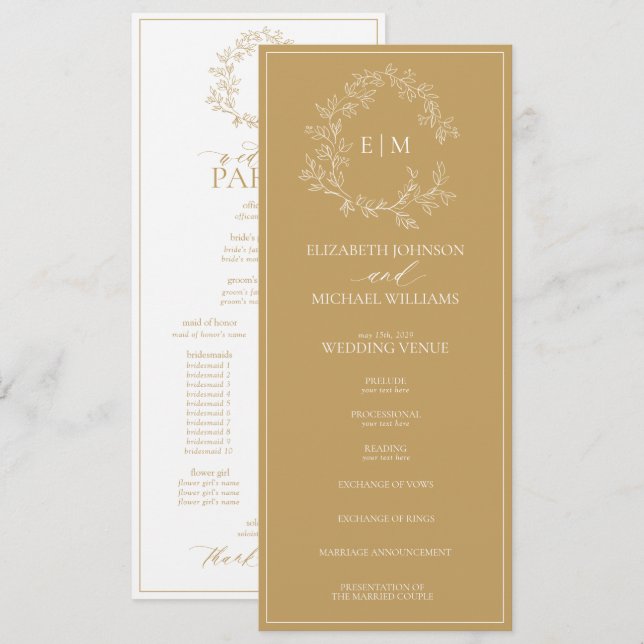 Modern Gold Leafy Wappen Monogram Wedding Program Programm (Vorne/Hinten)