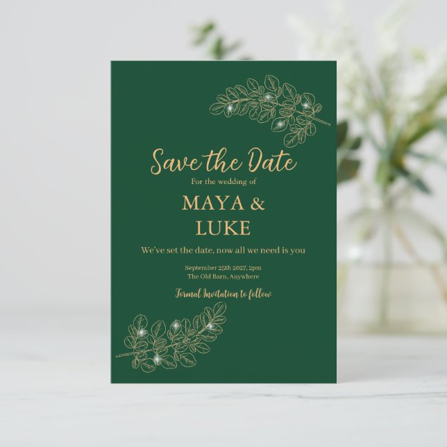 Modern Gold leaves Emerald Save The Date (Stehend Vorderseite)