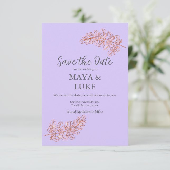 Modern Gold leaves Violet Save The Date (Stehend Vorderseite)