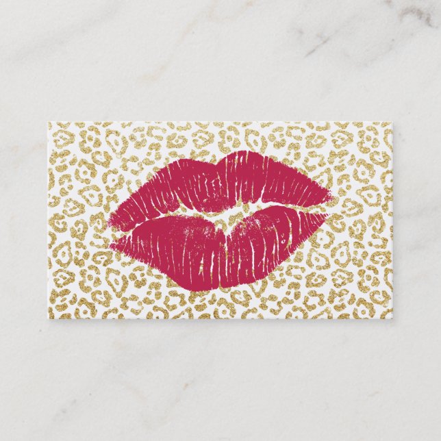 Modern Gold Leopard Print Red Kiss Makeup Artist Visitenkarte (Vorderseite)