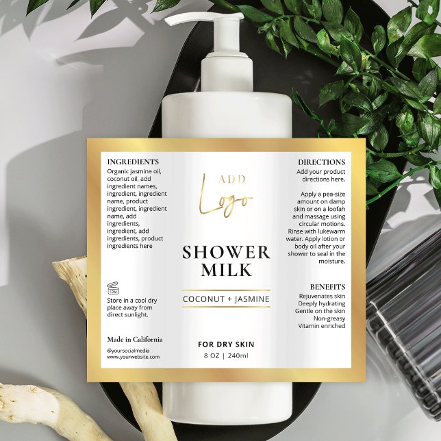 Modern Gold Logo 6 OZ 8 OZ Kosmetisches Flaschenet (Chic faux gold waterproof product label with your logo, great for large cosmo bottles *verify size)