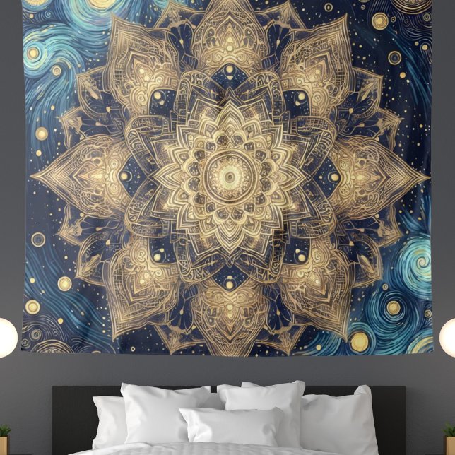 Modern Gold Mandala Blue Starry Night Celestial Wandteppich (Von Creator hochgeladen)