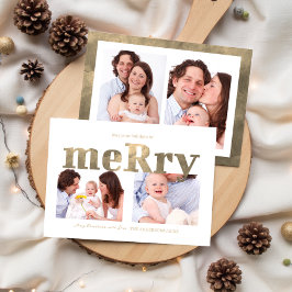 Modern Gold “Merry” Typography Photo Family Feiertagskarte
