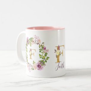Modern Gold Monogram F Watercolor Floral Wreath Zweifarbige Tasse