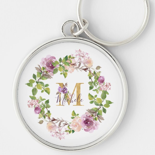 Modern Gold Monogram M Watercolor Floral Wreath Schlüsselanhänger (Vorne)