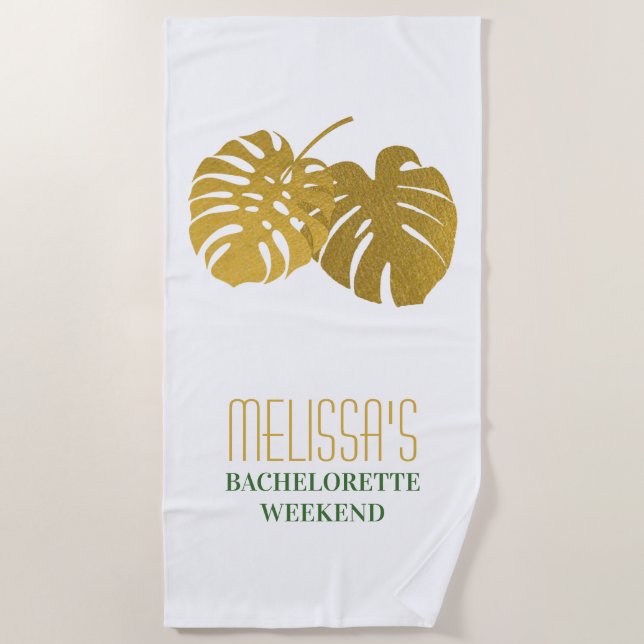 Modern Gold Monstera Blätter Bachelorette Strandtuch (Vorderseite)