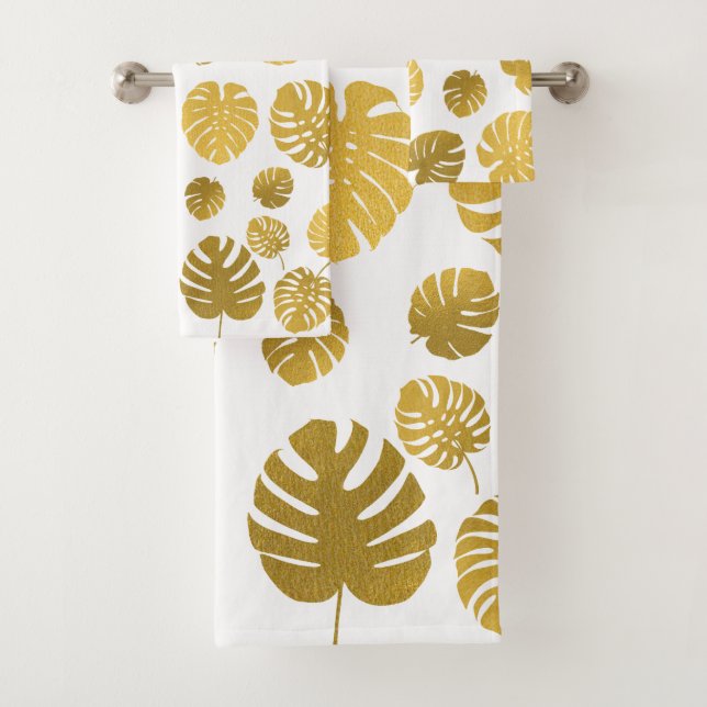 Modern Gold Monstera Tropical Blätter Muster Badhandtuch Set (Insitu)
