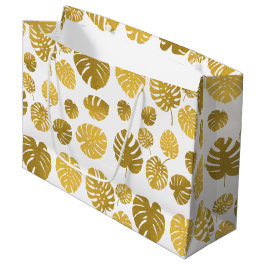 Modern Gold Monstera Tropical Blätter Muster Große Geschenktüte
