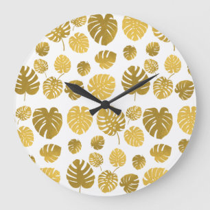 Modern Gold Monstera Tropical Blätter Muster Große Wanduhr