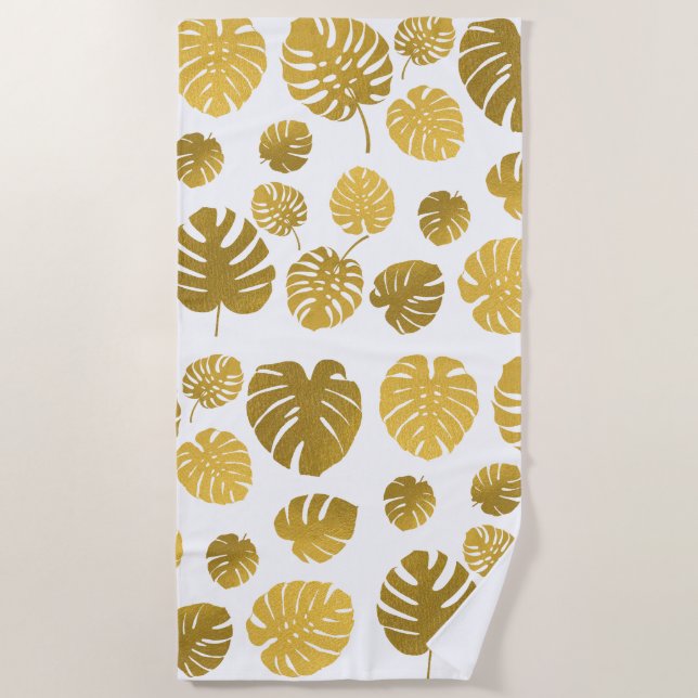 Modern Gold Monstera Tropical Blätter Muster Strandtuch (Vorderseite)