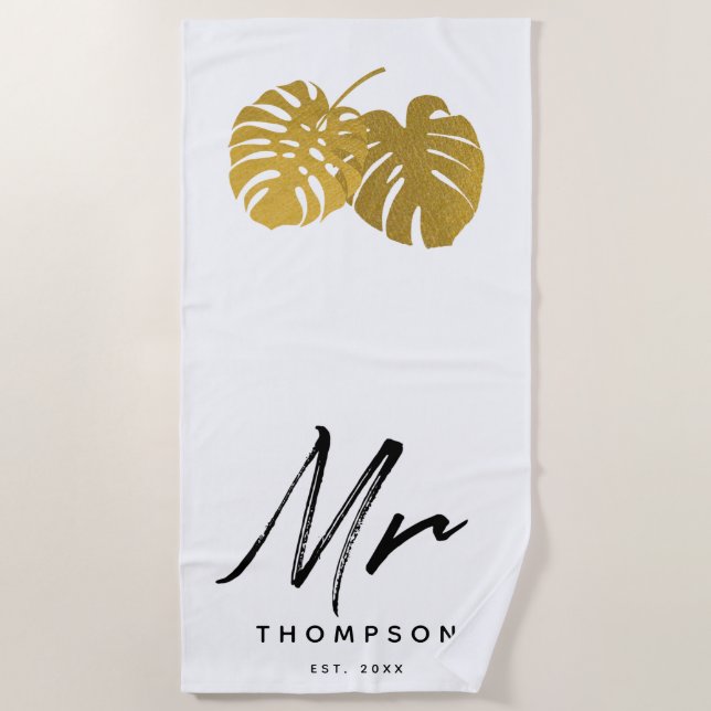 Modern Gold Monstera Tropical Blätter Script Be Strandtuch (Vorderseite)