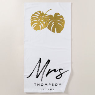 Modern Gold Monstera Tropical Blätter Script Strandtuch