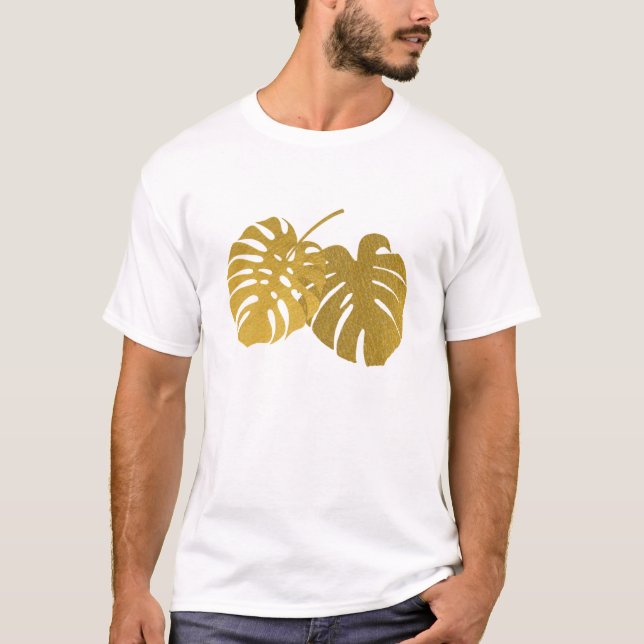 Modern Gold Monstera Tropical Leaf T-Shirt (Vorderseite)