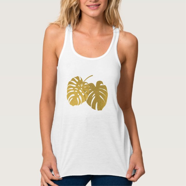 Modern Gold Monstera Tropical Leaf Tank Top (Vorderseite)