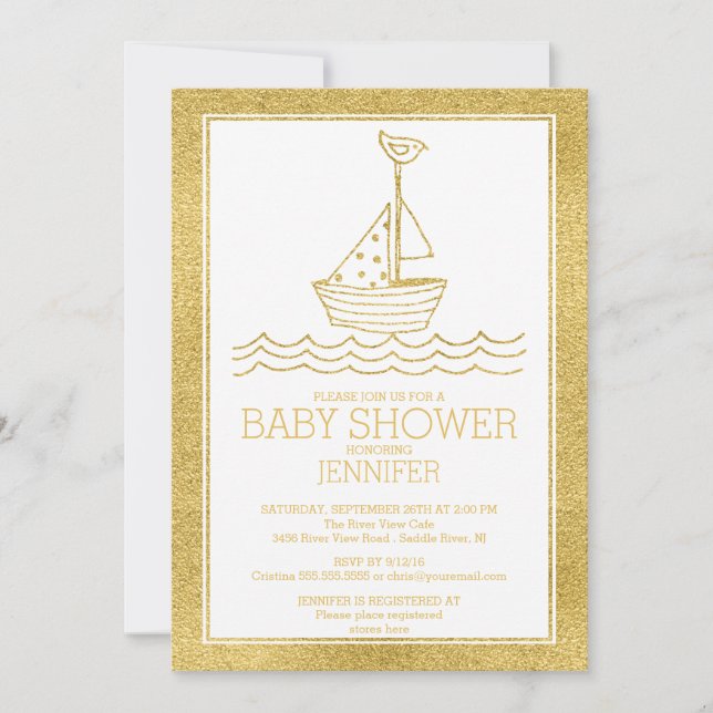 Modern Gold Nautical Sailboat Neutral Baby Dusche Einladung (Vorderseite)