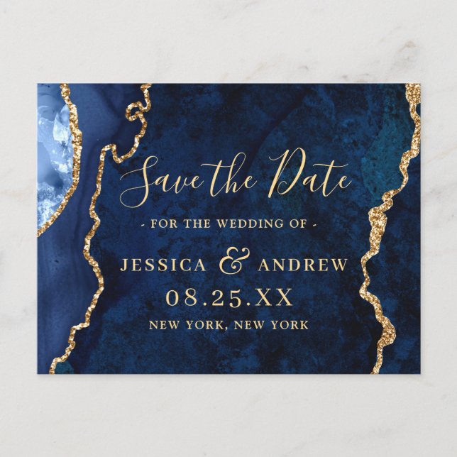 Modern Gold Navy Blue Agate Marmor Save the Date Ankündigungspostkarte (Vorderseite)