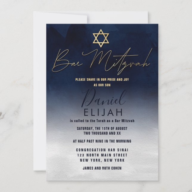 Modern Gold Navy Blue White Watercolor Bar Mitzvah Einladung (Vorderseite)