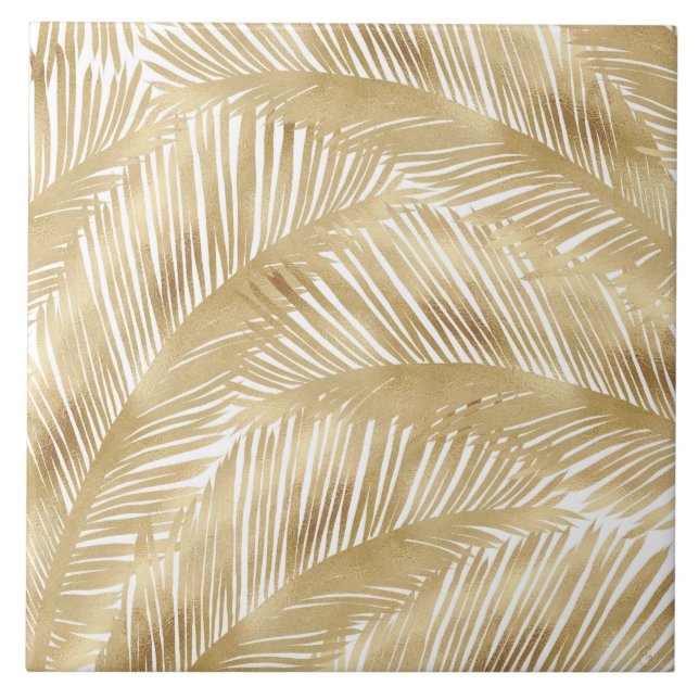 Modern Gold Palm Leaf tropisches Muster Fliese (Vorderseite)