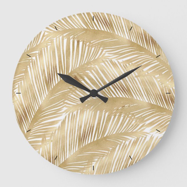 Modern Gold Palm Leaf tropisches Muster Große Wanduhr (Vorderseite)